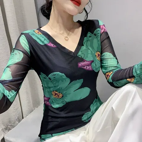 复古印花T恤女长袖欧货漂亮气质网纱打底衫内搭修身V领上衣早秋潮商品大图