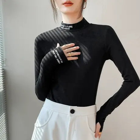套手指半高领打底衫女2025春秋新款字母刺绣修身加绒磨毛长袖T恤图片