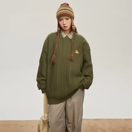 复古潮牌圆领保暖毛衣女秋冬2023新款慵懒风设计感针织衫无帽上衣商品大图