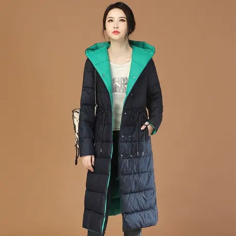 韩潮袭人长款连帽撞色棉服女2023冬季新款休闲百搭保暖棉衣外套图片