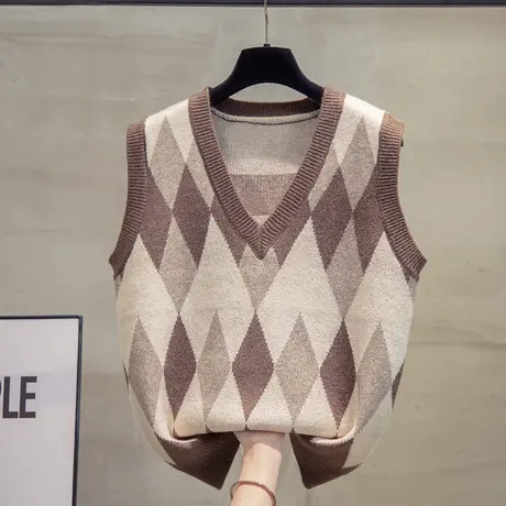 菱形v领针织马甲背心女2023秋装新款宽松马夹外穿上衣毛衣坎肩潮图片