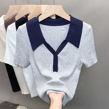 拼色方领短款冰丝针织衫女2023春夏秋新款外穿上衣薄短袖t恤衫潮商品大图