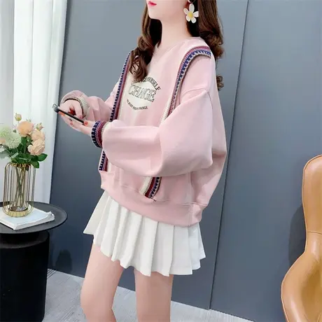 设计感针织花边拼接加绒圆领卫衣女秋冬新款韩版休闲学院风上衣潮商品大图