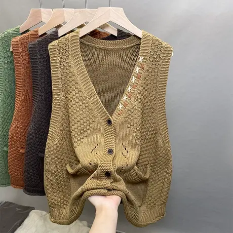 2024秋V领针织马甲女无袖开衫外搭背心叠穿无袖毛衣坎肩马夹外套商品大图