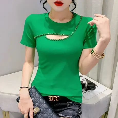 时尚钉珠短袖T恤女装2024新款性感镂空小衫欧货修身百搭上衣半袖图片