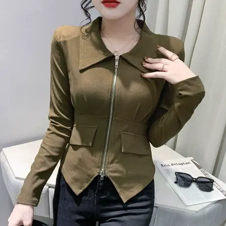 设计感拉链翻领T恤女长袖欧货洋气打底衫秋冬个性别致不规则上衣商品大图
