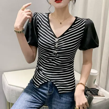 时尚条纹T恤女短袖欧货气质泡泡袖小衫设计感开叉修身上衣V领体恤商品大图