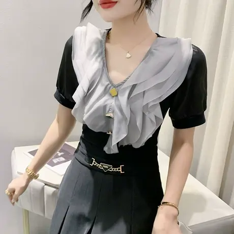 时尚荷叶边V领T恤女短袖2024夏装新款网纱拼接上衣设计感百搭小衫商品大图