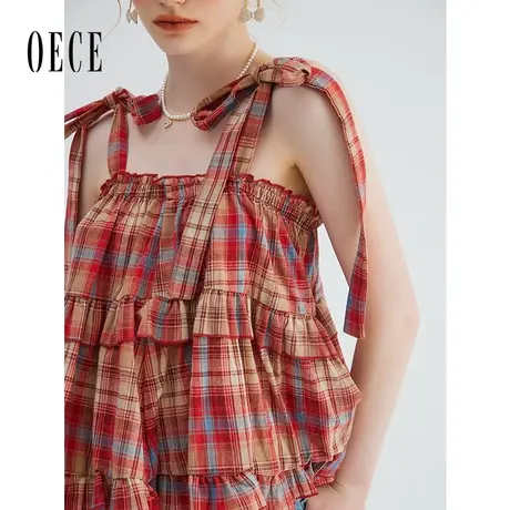 Oece复古格纹吊带上衣女夏季新款女装设计感小众无袖减龄小衫图片