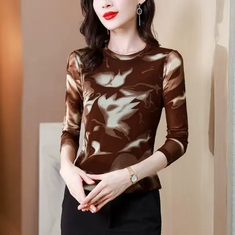 2023秋季新款网纱长袖t恤女打底衫春秋装内搭洋气修身显瘦女上衣商品大图
