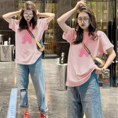 粉色中长款纯棉短袖t恤女欧货2023夏季新款韩版宽松大码港味上衣商品大图