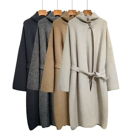 2023秋冬新款针织开衫毛衣外套女中长款宽松慵懒立领系带大衣加厚图片