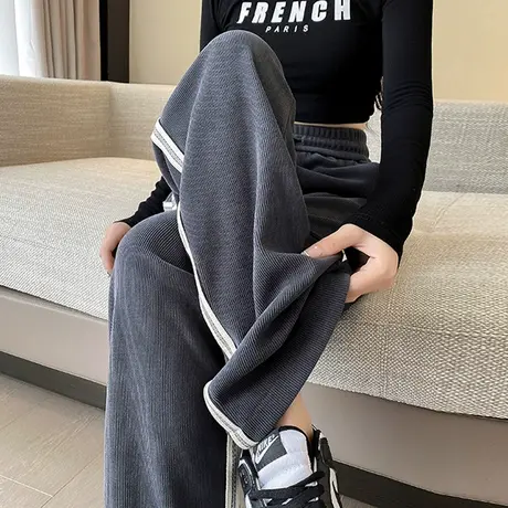 抽绳窄版阔腿裤女春秋2023新款高腰显瘦直筒侧条纹宽松休闲拖地裤商品大图