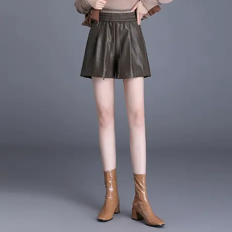 松紧腰时尚皮短裤高腰显瘦厚款阔腿裤女秋冬季2023新款韩版休闲裤商品大图