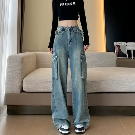 美式复古工装牛仔裤女秋季2023年新款高腰宽松显瘦直筒垂感拖地裤商品大图
