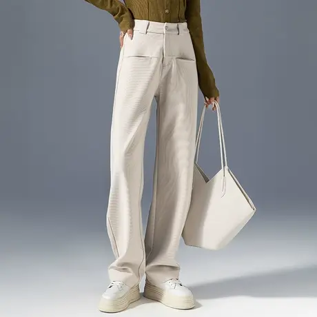 杏色裤子毛呢裤女秋冬2023新款长裤宽松休闲裤冬季加厚直筒阔腿裤商品大图