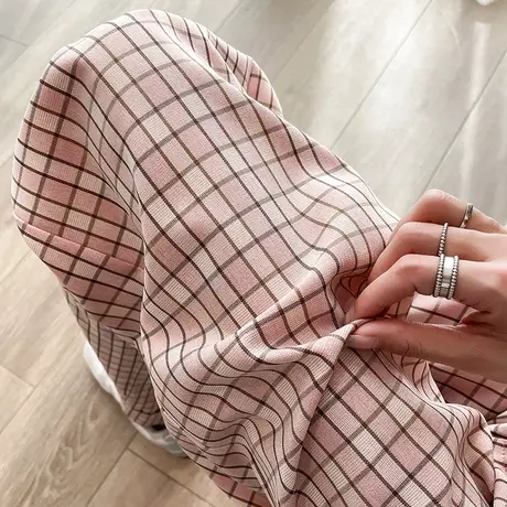 粉色美式格子阔腿裤女夏季薄款高腰显瘦百搭冰丝直筒西装拖地裤潮商品大图