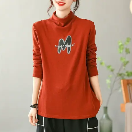 dza复古高领长袖薄绒T恤女士秋冬洋气内搭打底衫宽松休闲显瘦上衣商品大图