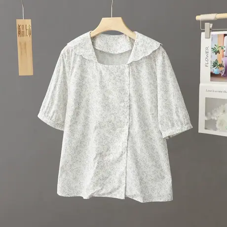 2024夏季新款碎花娃娃领衬衫女短袖宽松短款衬衣设计感小众上衣女图片