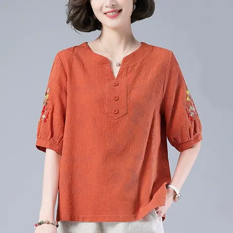 短袖t恤女夏季新款加肥加大码女装宽松纯棉复古文艺刺绣半袖上衣商品大图