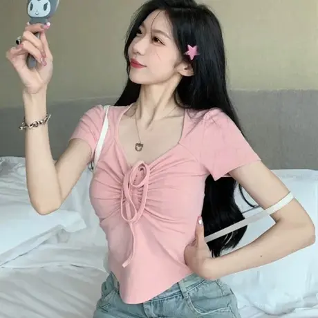 辣妹v领短袖T恤女装春季新款性感抽绳设计感小众修身收腰显瘦上衣图片
