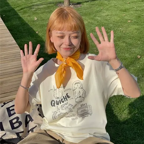 原创涂鸦卡通可爱盐系少女2023新款韩版宽松bf短袖纯棉T恤上衣ins商品大图