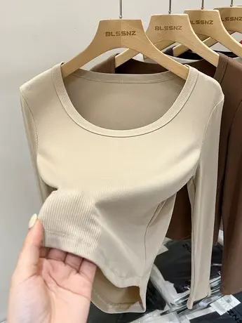 加绒加厚打底衫女秋季2023新款内搭秋冬修身方领上衣短款长袖t恤商品大图