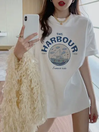 白色仿棉短袖T恤女2023新款夏季女装宽松韩系oversize上衣服ins潮商品大图