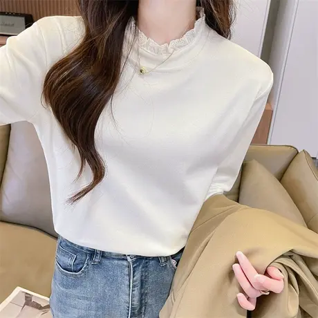半高领德绒长袖t恤女秋冬修身加绒内搭保暖蕾丝假两件打底衫上衣图片