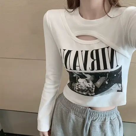 假两件长袖t恤女春秋韩版修身显瘦内搭打底衫设计感炸街短款上衣商品大图