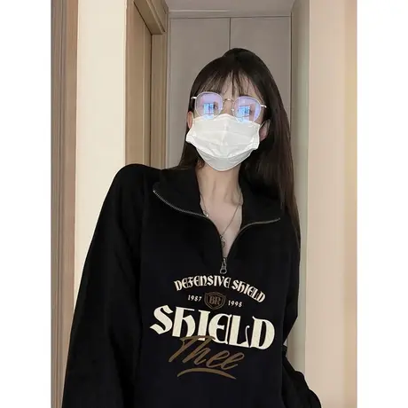 美式复古大领口卫衣女秋黑色高级感半拉链ins大码Polo领长袖上衣图片