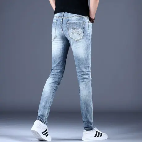 2023秋冬男士牛仔裤子简约修身印花薄款小脚裤棉弹男潮牌蓝灰百搭图片