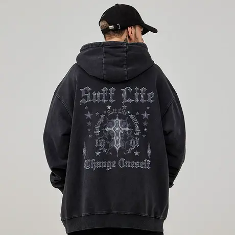 重磅美式复古嘻哈加肥加大码卫衣男连帽纯棉水洗做旧高街加绒秋冬图片