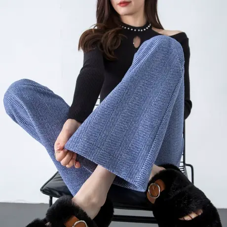 人字纹毛呢裤子女新款2024爆款秋冬季今年流行欧货微喇叭裤休闲裤商品大图
