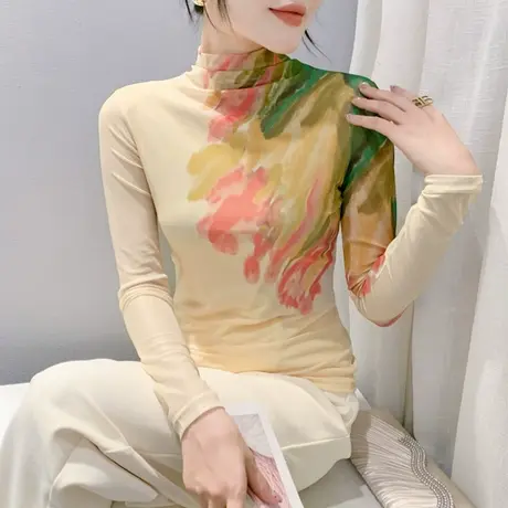 半高领加绒打底衫女长袖秋冬2024新款网纱印花内塔上衣修身T恤潮商品大图