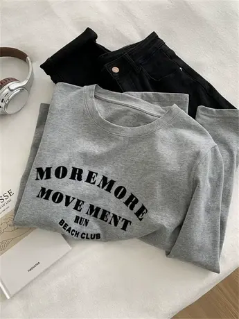 秋冬内搭大版T恤女宽松休闲时髦百搭植绒印花圆领套头磨毛打底衫商品大图