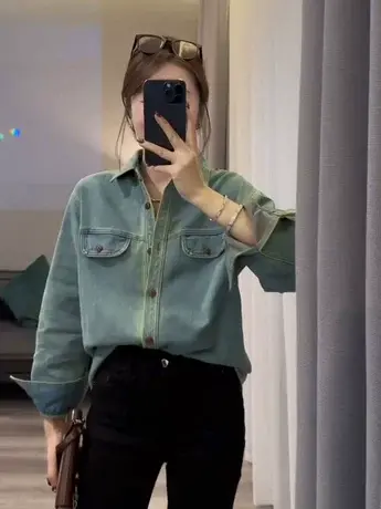 港风复古水洗加绒牛仔外套女秋冬新款小个子宽松休闲加厚叠穿衬衫图片
