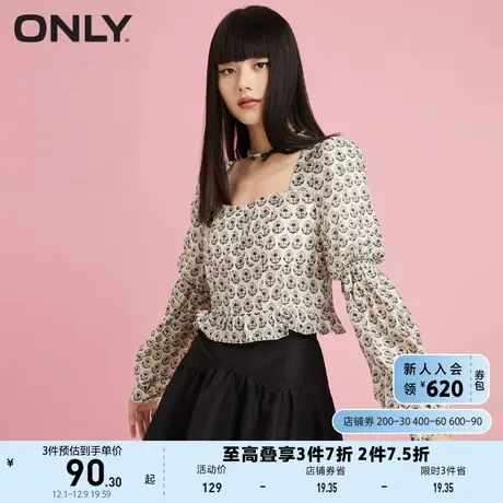 ONLY奥莱夏季短款法式复古方领甜美泡泡袖雪纺衫女商品大图