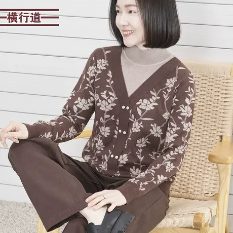 2024简约休闲半高领假两件提花撞色长袖毛衣女外穿针织衫上衣大码商品大图