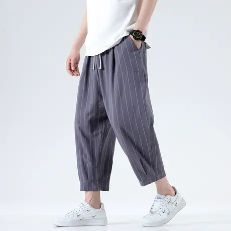 九分裤夏季男竖条纹裤子宽松收口棉麻加大码哈伦裤潮流复古休闲裤商品大图