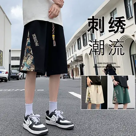 国潮小熊拼接短裤男夏季新款直筒宽松休闲裤运动大码五分潮流裤子商品大图