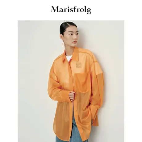 #多巴胺穿搭# 玛丝菲尔衬衣春新款橙色半透视衬衫上衣轻薄外套图片