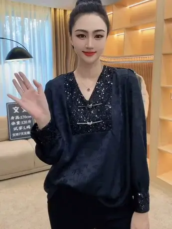 重工亮片新中式衬衫女士春装新款宽松V领别致超好看小衫漂亮上衣商品大图