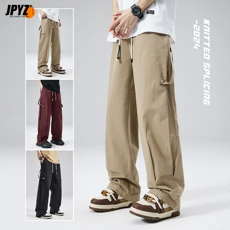男士休闲裤工装纯棉宽松直筒潮牌抽绳卡其色男生美式运动春秋长裤商品大图