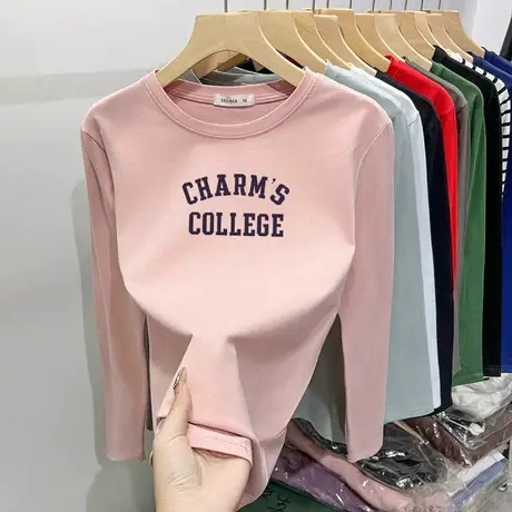 春秋季正肩纯棉长袖t恤女大码宽松上衣磨毛加厚打底衫内搭设计感图片