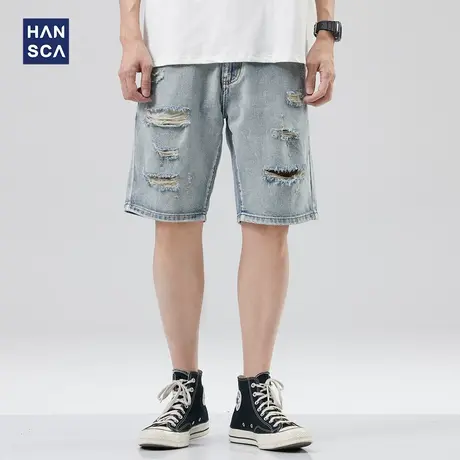 hansca破洞牛仔裤短裤男夏季宽松直筒浅蓝色复古水洗痞帅休闲中裤商品大图