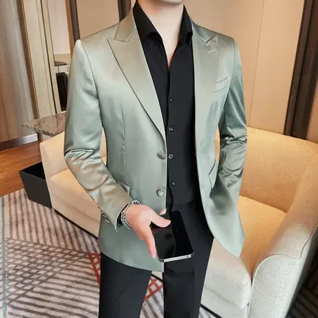 春季新款外套单排两粒扣天丝西服男气质英伦风戗驳领垂感单西上衣商品大图
