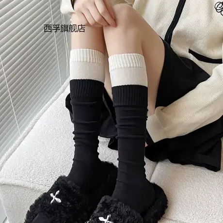 秋冬粉色中筒袜子女拼接条纹长筒堆堆袜日系甜美jk奶白色小腿袜腰商品大图