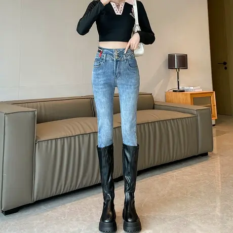 高腰小脚牛仔裤女2024新款春秋季外穿修身收腹显瘦铅笔裤紧身裤子商品大图