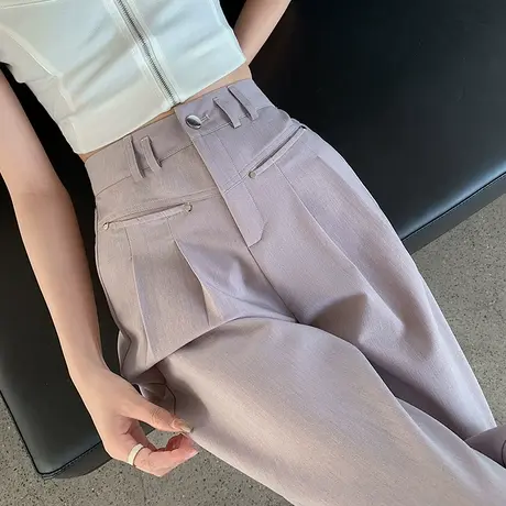 美式复古紫色阔腿牛仔裤女春夏新款梨形身材高腰显瘦直筒休闲西裤商品大图